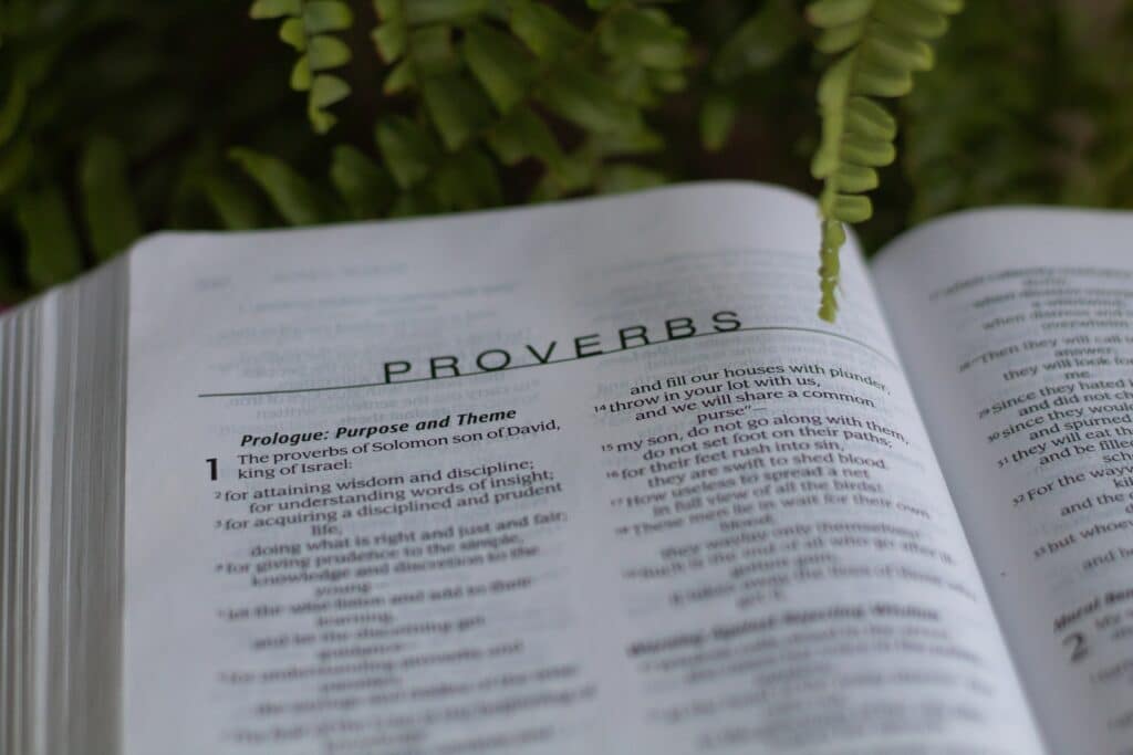 Closeup photo of a Bible open to the Book of Proverbs