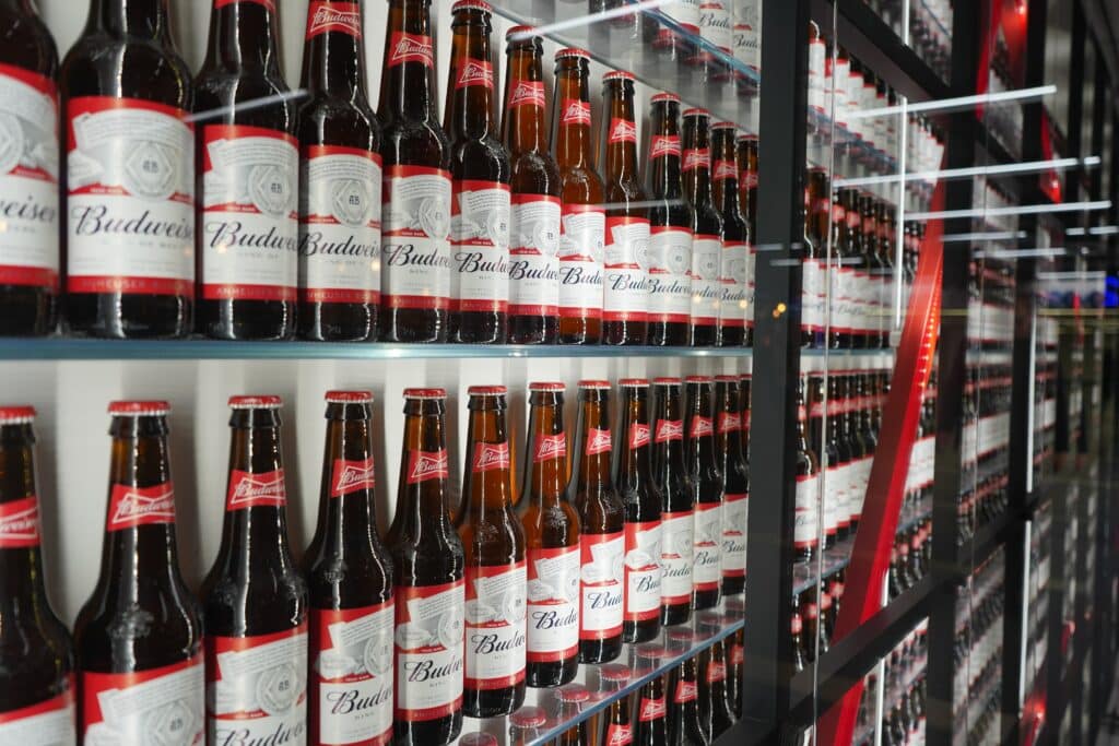 Bottles of Budweiser beer behind a glass