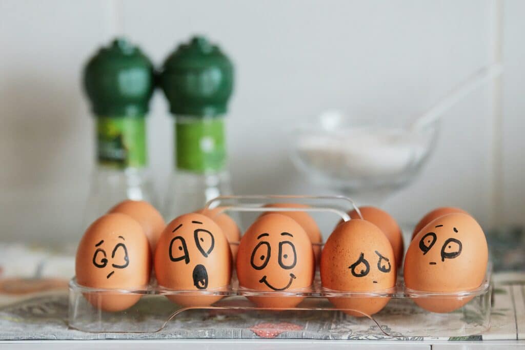 Photo of a case of brown eggs with different faces drawn on them in black ink