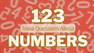 Scattered white numbers against a red background with text atop it that reads "123 trivia questions about numbers"