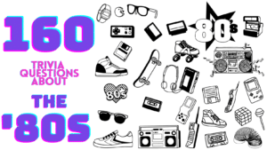 Black and white art representing fashions and gadgets from the 1980s, with purple and pink text that reads "160 trivia questions about the 1980s"