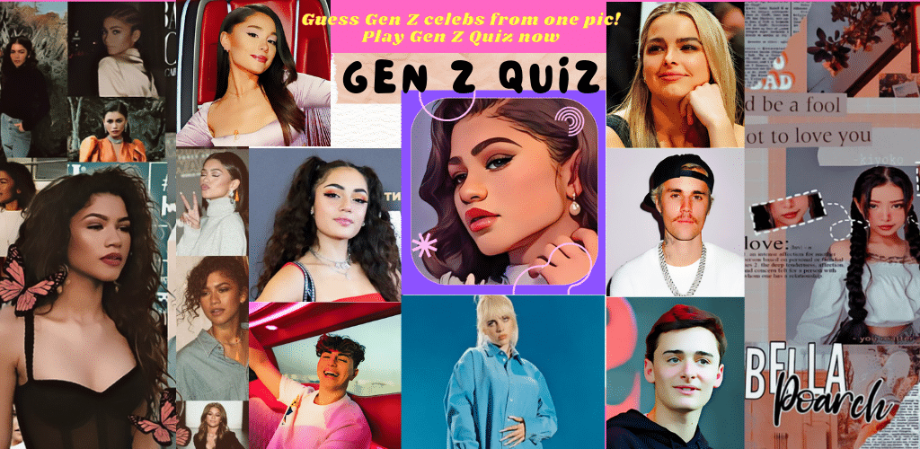 Collage of images of young celebrities, with text that reads "Guess Gen Z celebs from one pic! Play Gen Z Quiz now"