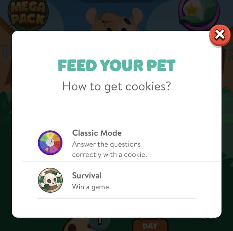 Screenshot of the play options for getting cookies to feed your pet in the Trivia Crack app