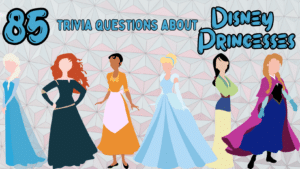Vector illustrations of Disney princesses Elsa, Merida, Tiana, Cinderella, Mulan, and Anna against the Disney globe pattern with text that reads "85 trivia questions about Disney Princesses"