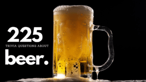 Photo of a foaming mug of beer against a black background, with white text that reads "225 trivia questions about beer."