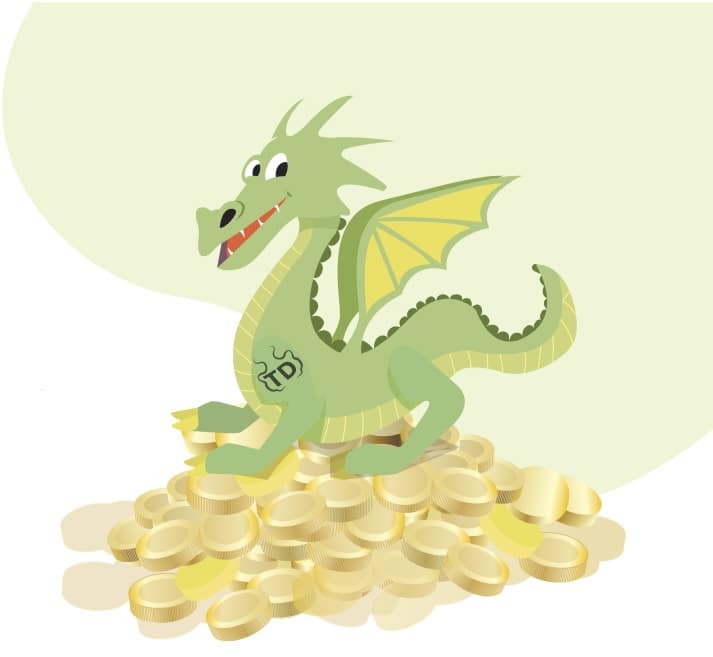 The Trivia Dragon logo and mascot: a green dragon with a "TD" tattoo sitting atop a pile of gold coins