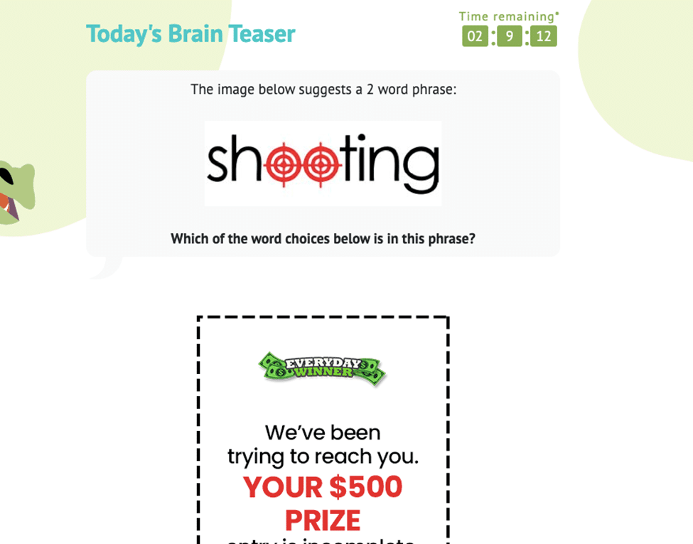 Screenshot of the Today's Brain Teaser page on Trivia Dragon, accompanied by yet another ad.