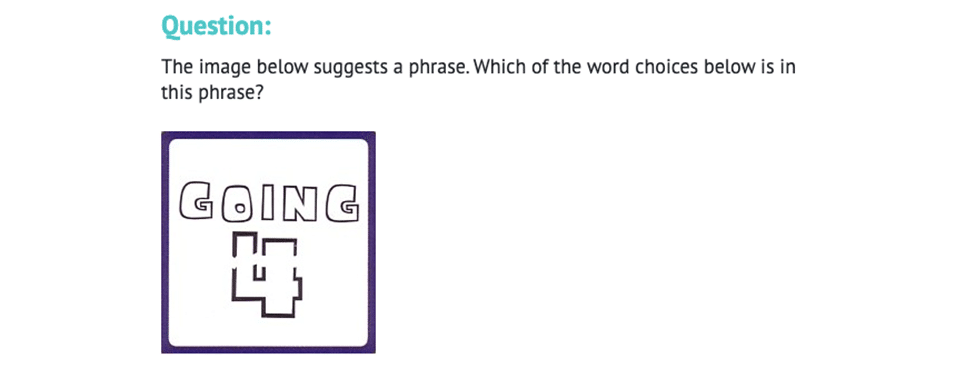 Screenshot of a brain teaser question with the word going and a broken number 4 in a box, from Trivia Dragon