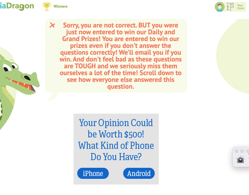 Screenshot of the page that displays when answering a question incorrectly on Trivia Dragon