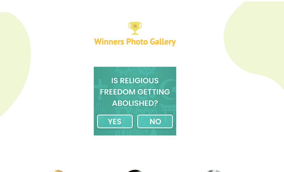 Screenshot of the Winners Photo Gallery page displaying what appears to be a poll but is actually an ad on Trivia Dragon