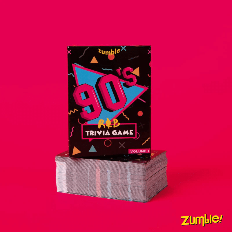 Zumble 90's R&B Trivia Game cards stacked high against a pink background
