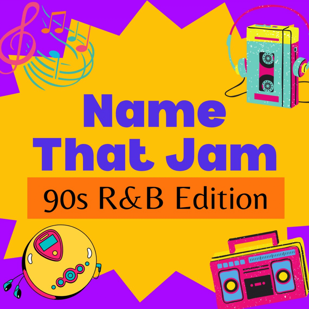 Book cover design art for "Name That Jam, 90s R&B Edition," featuring a neon walkman, boombox, CD player, and music notes, against a purple and yellow background