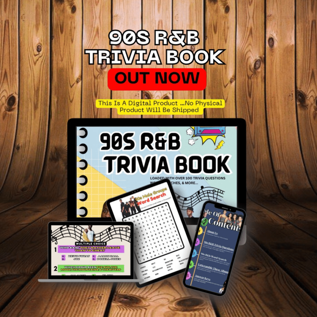 Photo of the 90s R&B Trivia Book cover displayed on a computer screen, along with various images from within on a laptop screen, iPad screen, and smartphone screen, all against a wooden background, with text that reads "90s R&B Trivia Book Out Now. This is a digital product... no physical product will be shipped." 