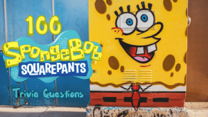 Photo of a large locker painted like Spongebob Squarepants on a sidewalk, with text next to it that reads "100 Spongebob Squarepants Trivia Questions"
