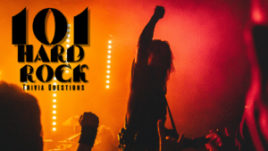 Photo of a person with long hair on a stage with a guitar, raising a fist in the air in front of an audience amidst a glow of red lights. Text reads "101 Hard Rock Trivia Questions"