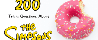 Photo of a pink donut with sprinkles and a bite taken out of it, with text next to it that reads "200 Trivia Questions About The Simpsons"