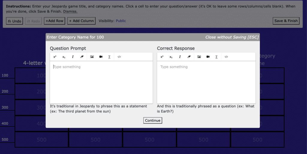 Fig. 2. Screenshot of JeopardyLabs question prompt and correct response pop ups, by Anastasia Voloshina, May 2023.