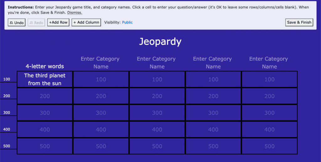 Fig. 3. Screenshot of JeopardyLabs board with options or add rows and columns, or save and finish, by Anastasia Voloshina, May 2023.