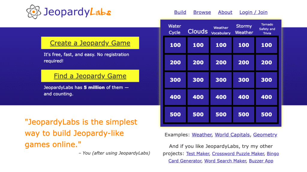 Fig. 6, Screenshot of main JeopardyLabs, by Anastasia Voloshina, May 2023.