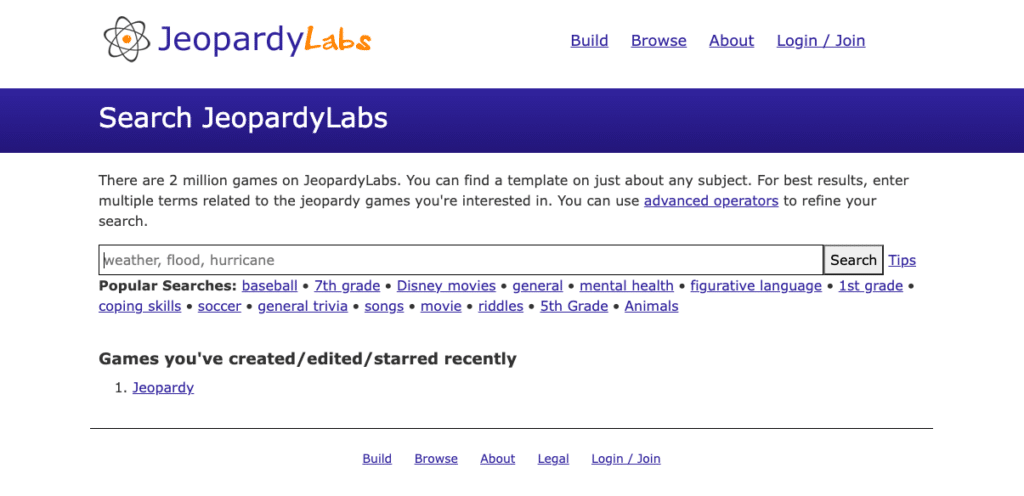 Fig. 7. Screenshot of search screen on JeopardyLabs, by Anastasia Voloshina, May 2023.