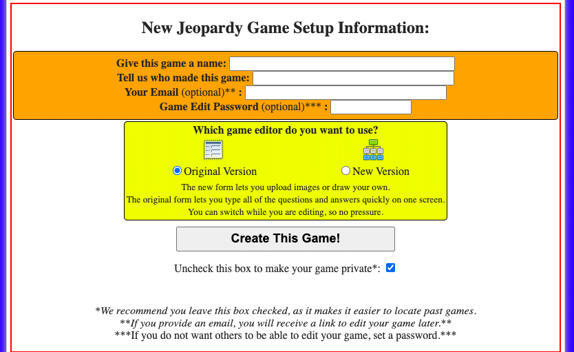 Fig. 17. Screenshot of Super Teacher Tools, new Jeopardy game setup information screen by Anastasia Voloshina, May 2023.