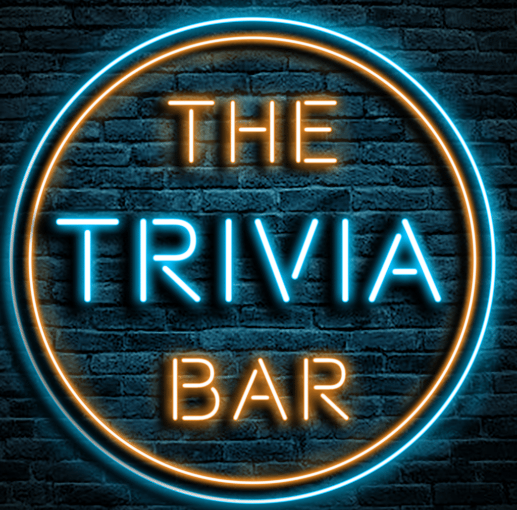 Image of the Trivia Bar logo, with "The Trivia Bar" text in a neon sign against a blue-toned brick wall