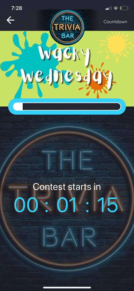 Screenshot of The Trivia Bar contest countdown screen by Elaine Foley, May 2023.