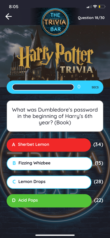 Screenshot of The Trivia Bar Harry Potter question screen by Elaine Foley, May 2023.