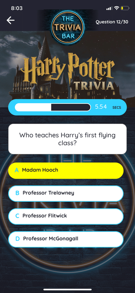 Screenshot of The Trivia Bar Harry Potter question screen by Elaine Foley, May 2023.
