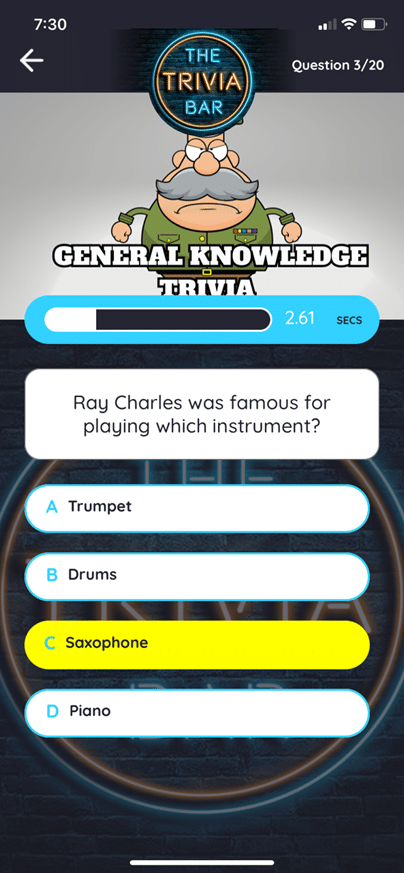 Screenshot of The Trivia Bar General Questions screen by Elaine Foley.