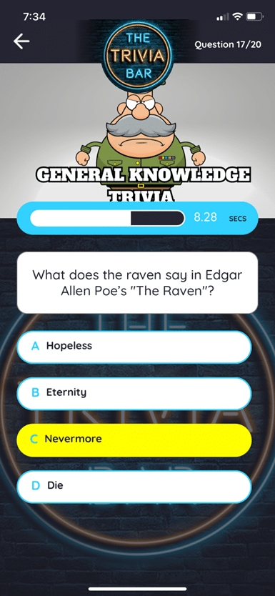 Screenshot of The Trivia Bar General Questions screen by Elaine Foley.
