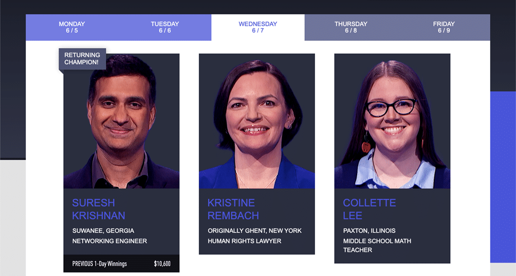 Photos of recent Jeopardy! winners Suresh Krishnan, Kristine Rembach, and Collette Lee from the official Jeopardy.com website.