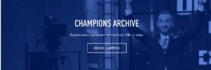 A blue-toned photo from the official Jeopardy! website of Brad Rutter with text over it that reads "CHAMPIONS ARCHIVE Explore every tournament winner from 1984 to today." And a box under it that reads "VIEW ALL CHAMPIONS"