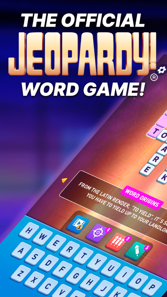 Image of a Scrabble-type mobile game with text that reads "The Official Jeopardy! Word Game"