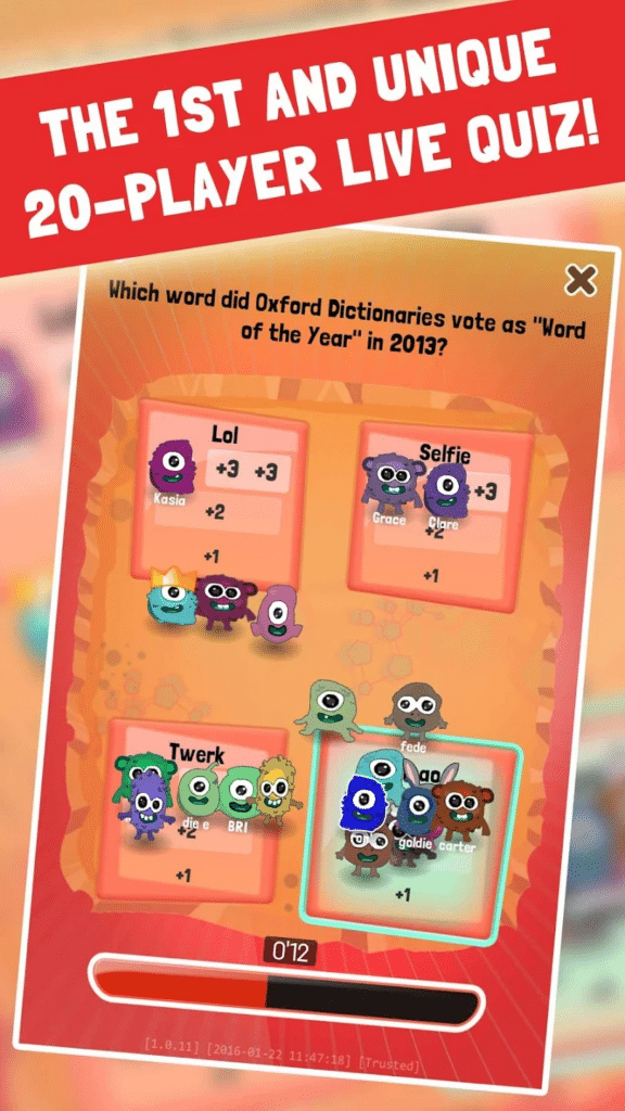 Screen of the mobile app Quiz Panic, with various monster characters on questions and answers