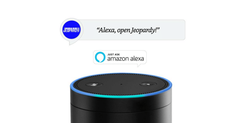 Photo of an Amazon Echo device, with a word balloon above it that reads "Alexa, open Jeopardy!"