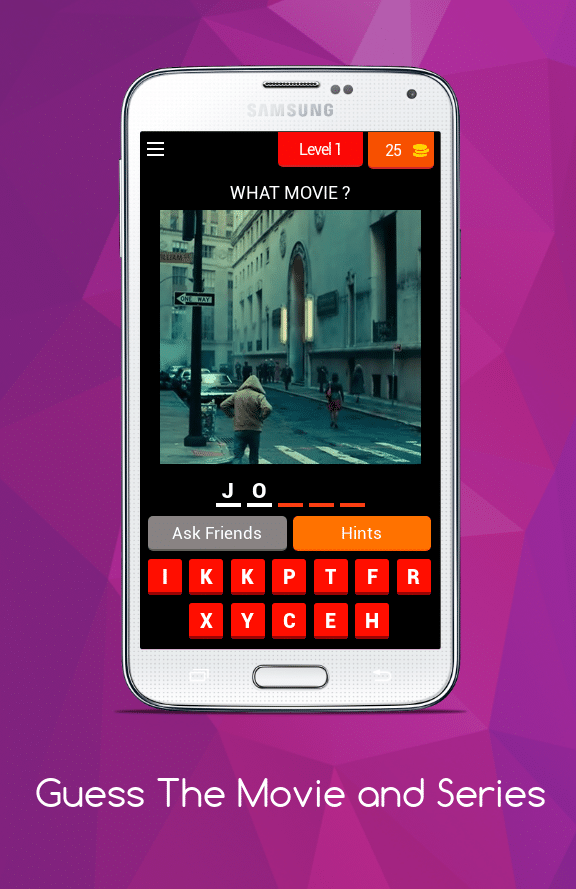 Screen of a smartphone showing a movie still as part of the Guess the Movie quiz game