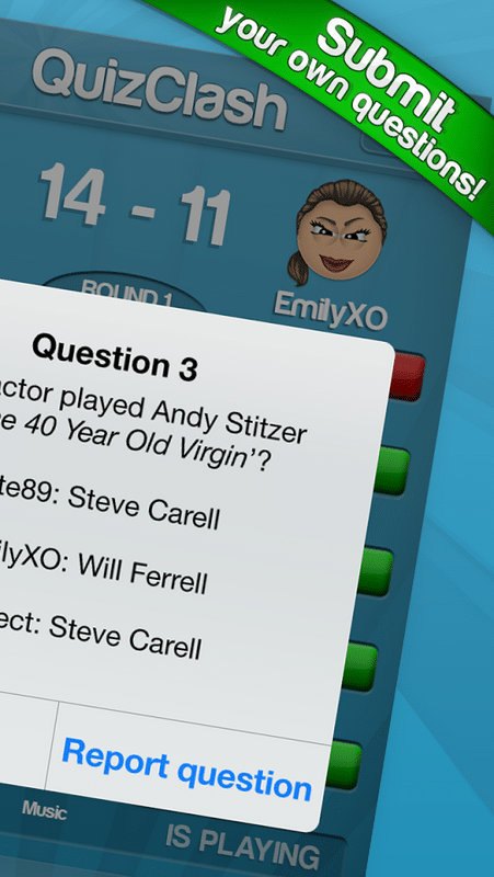 Question submission screen from the QuizClash mobile app