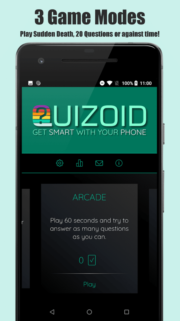 Sample of the game mode options screen on the Quizoid Mobile App 