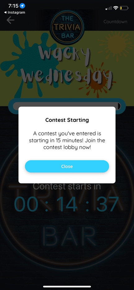 Screenshot of The Trivia Bar Wacky Wednesday Contest starting screen by Elaine Foley, May 2023.