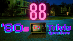 Photo of an old TV on an empty residential street at night, with text around it that reads "88 '80s TV Trivia Questions"