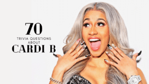 Photo of Cardi B with silver hair making a surprised face and showing off her nails, with text next to her that reads "70 Trivia Questions About Cardi B"