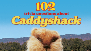 Iconic gopher image from the movie Caddyshack, with yellow and red text above it that reads "102 Trivia Questions About Caddyshack"
