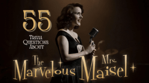 Photo of Rachel Brosnahan as Midge Maisel, from The Marvelous Mrs. Maisel, in a black dress on stage with a microphone, with text around it that reads "55 Trivia Questions About The Marvelous Mrs. Maisel"