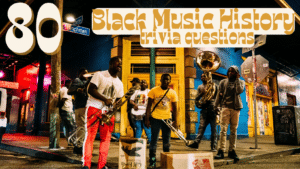 Photo of a group of musicians on Frenchman Street in New Orleans at night with text above it that reads "80 Black Music History trivia questions"