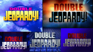 A collage of various "Double Jeopardy" title screens over the years.