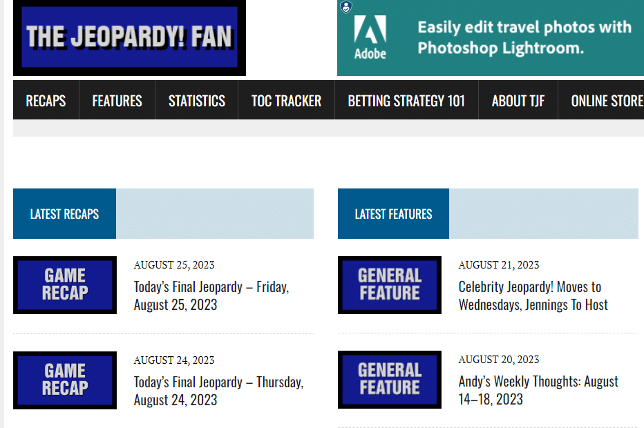 Photo of the main page of The Jeopardy! Fan website, featuring game recaps and general features.