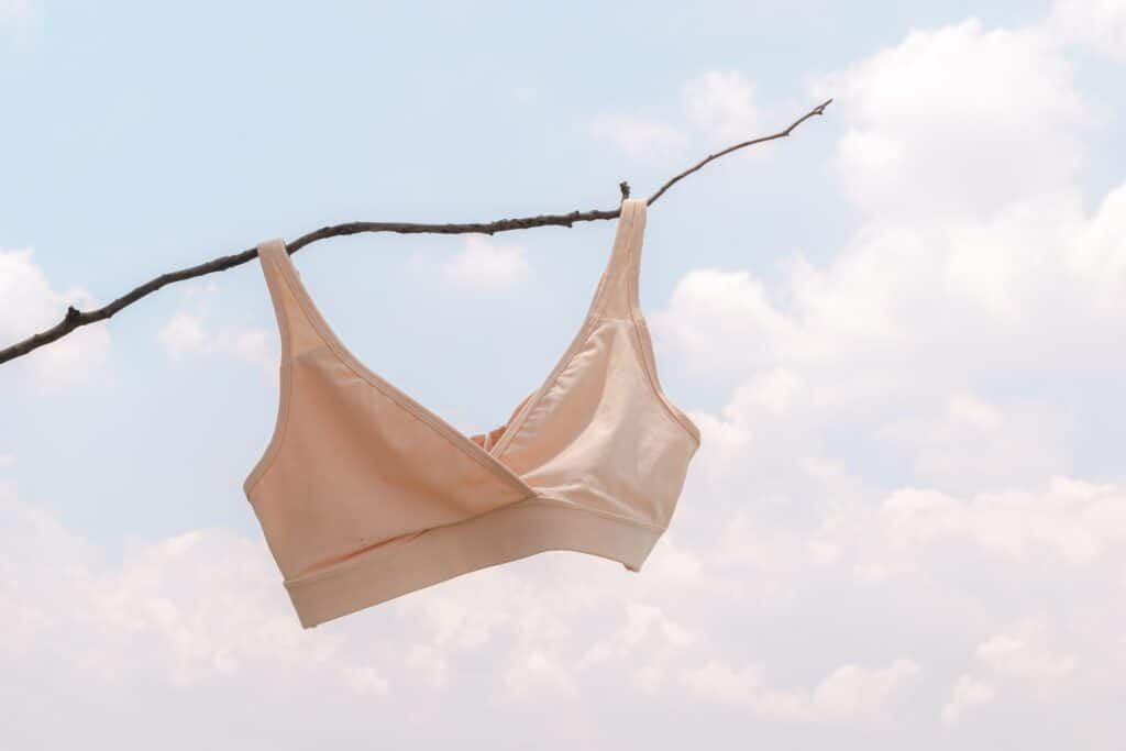 Photo of a beige bralette being hung from a tree branch against clouds in the sky.