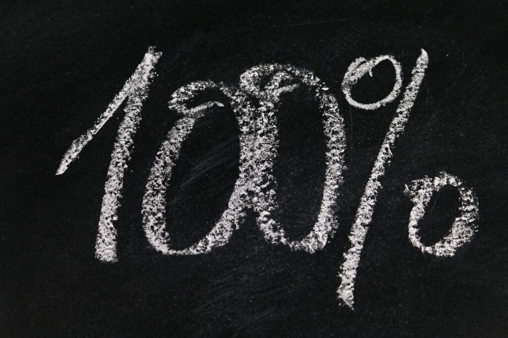 Photo of the phrase "100%" written in chalk on a chalkboard.