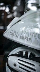 A motorcycle with "Justin Bieber" written on it